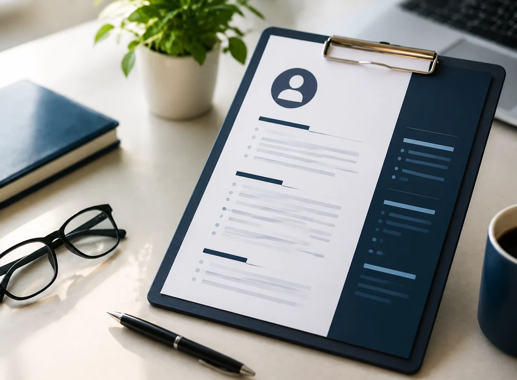 Résumé on a clipboard next to glasses, a pen, and a cup of coffee on a desk