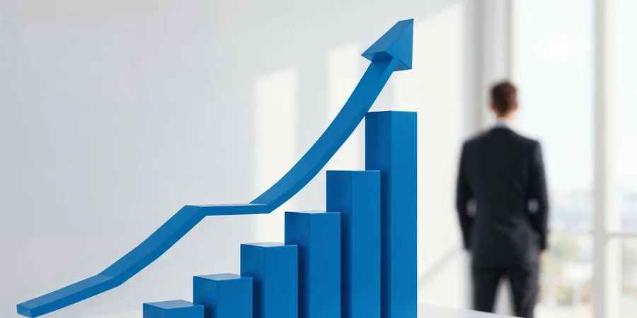 Ascending 3D bar chart with an upward arrow, person looking out an office window in the background